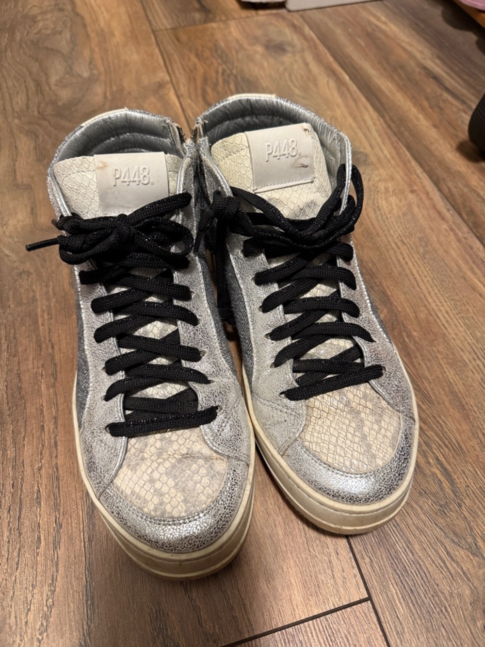 P448 Silver Snake-Print High-Top Sneakers with Black Laces